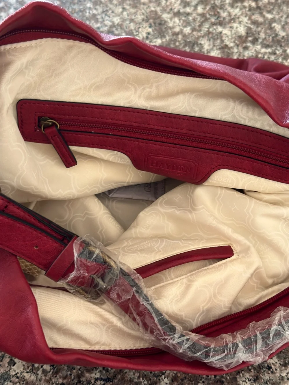 Hayden Red Faux Leather Hobo with Brass Accent